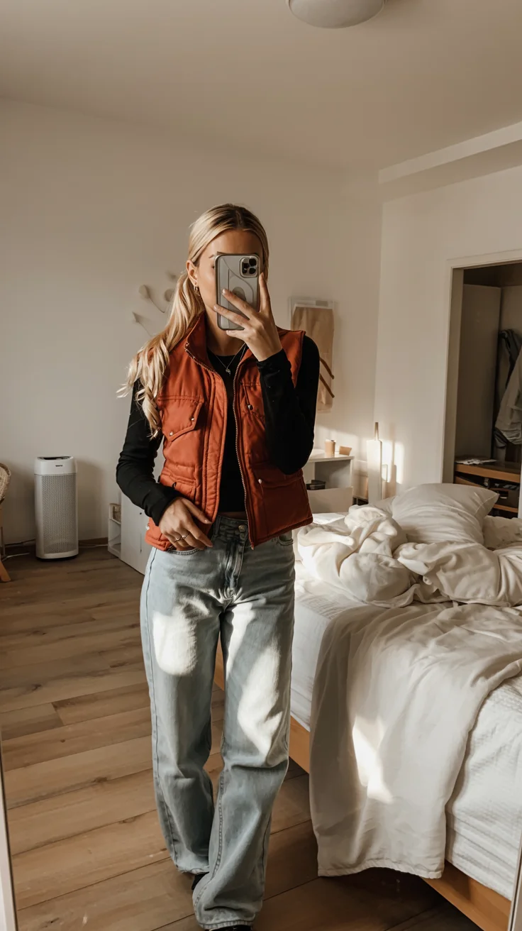 fall outfits with vests 2026 rust vest and jeans