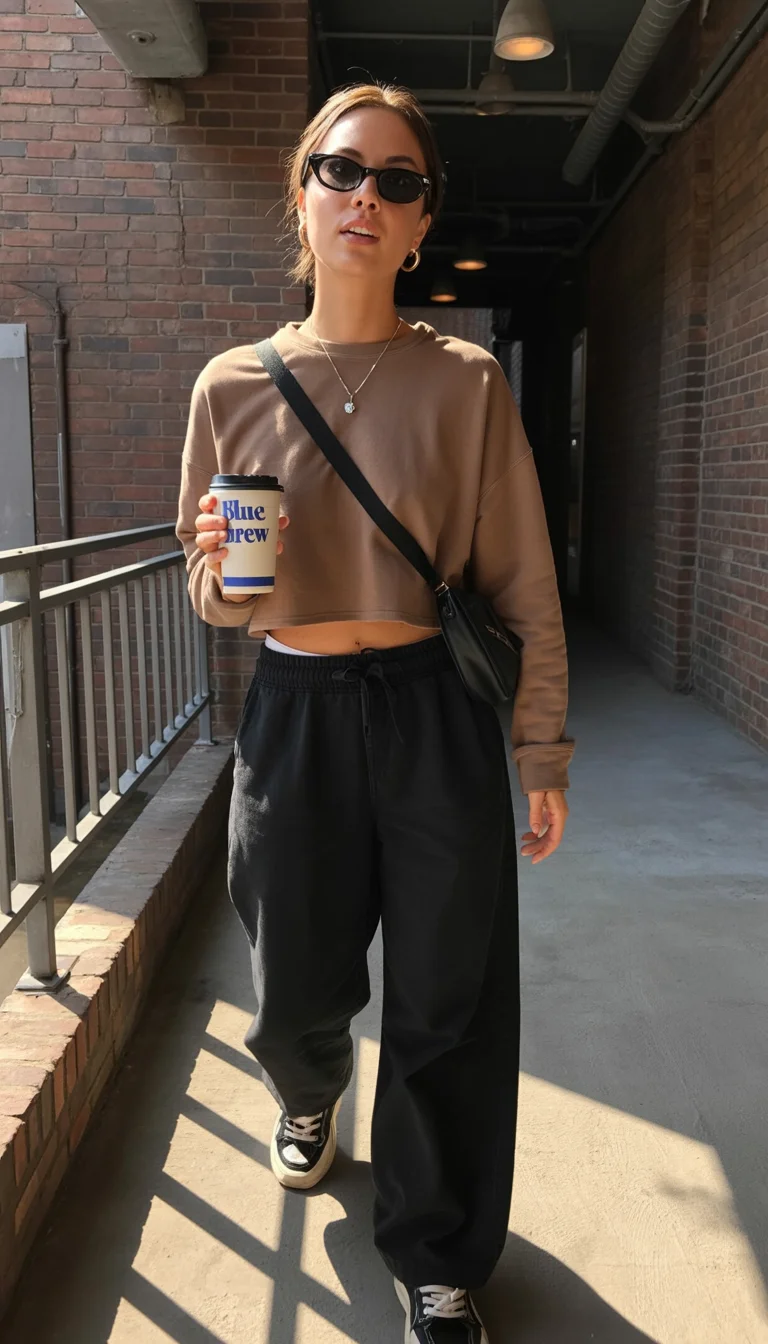 fall pants outfits for women 2026 Cropped Sweatshirt and Relaxed Black Lounge Pants