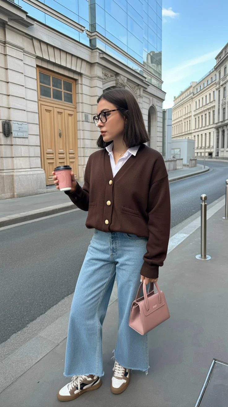 fall pants outfits for women 2026 Classic Denim and Chocolate Cardigan Simplicity