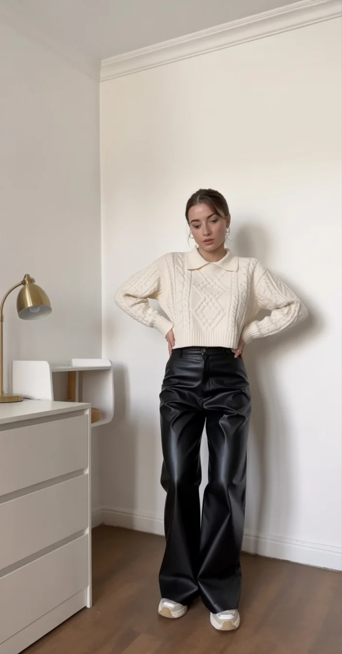 fall pants outfits for women 2026 Cream Cable Knit and Black Faux Leather Trousers