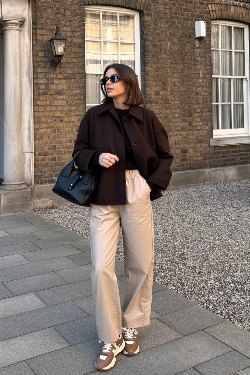 fall pants outfits for women 2026 Cream Trousers and Chocolate Outerwear for Quiet Luxury Style