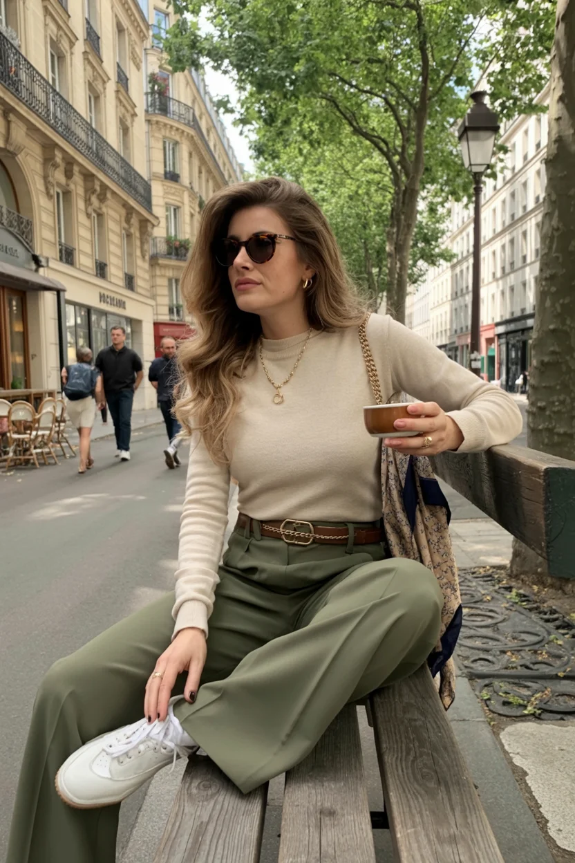fall pants outfits for women 2026 Olive Green Trousers and Parisian Inspired Layers