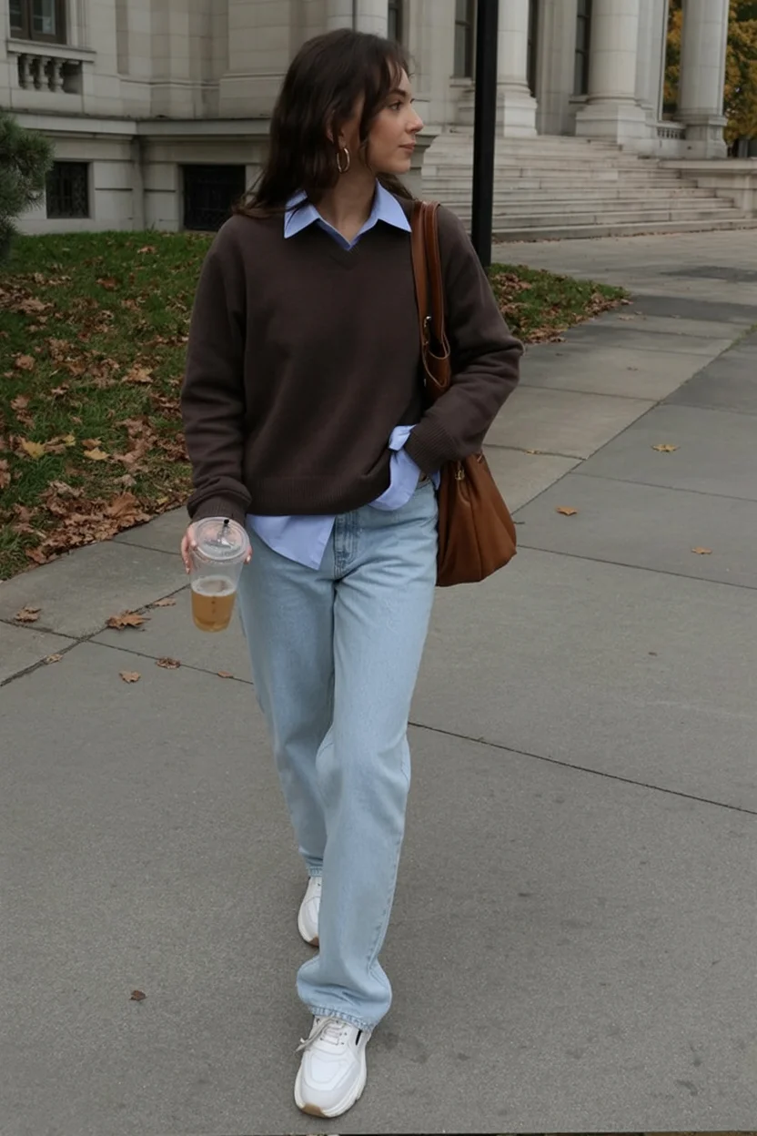 fall pants outfits for women 2026 Layered Brown Sweater and Relaxed Denim Comfort