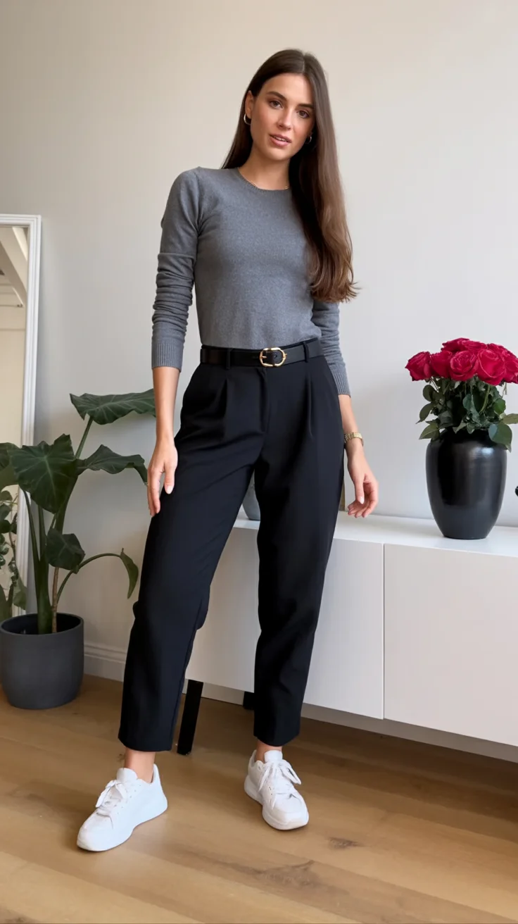 fall pants outfits for women 2026 Grey Knit and Tailored Navy Trousers for Everyday Polish