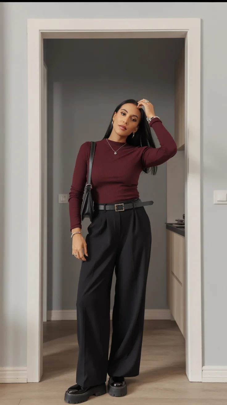 fall pants outfits for women 2026 Black Wide Legs with Burgundy Confidence