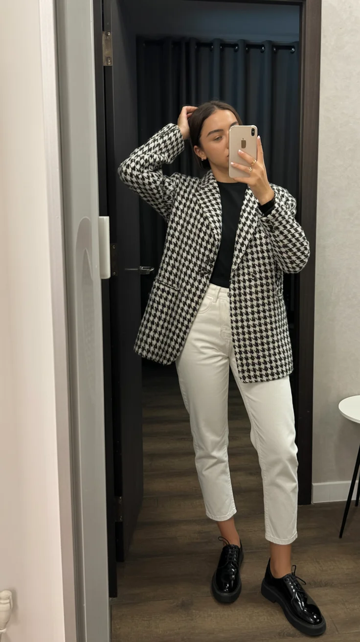 fall smart casual work outfits Houndstooth polish with a clean off-duty twist