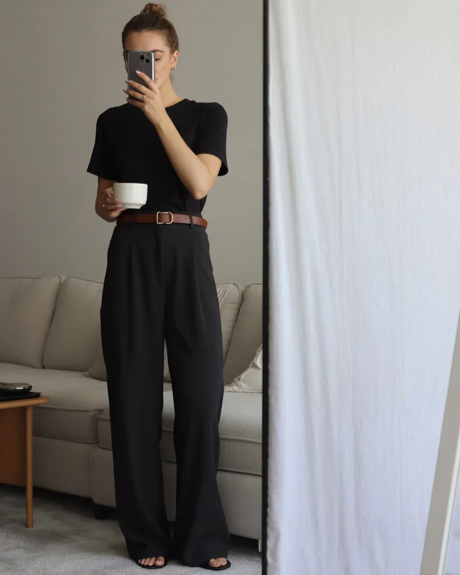 fall smart casual work outfits Minimalist black separates with effortless sophistication