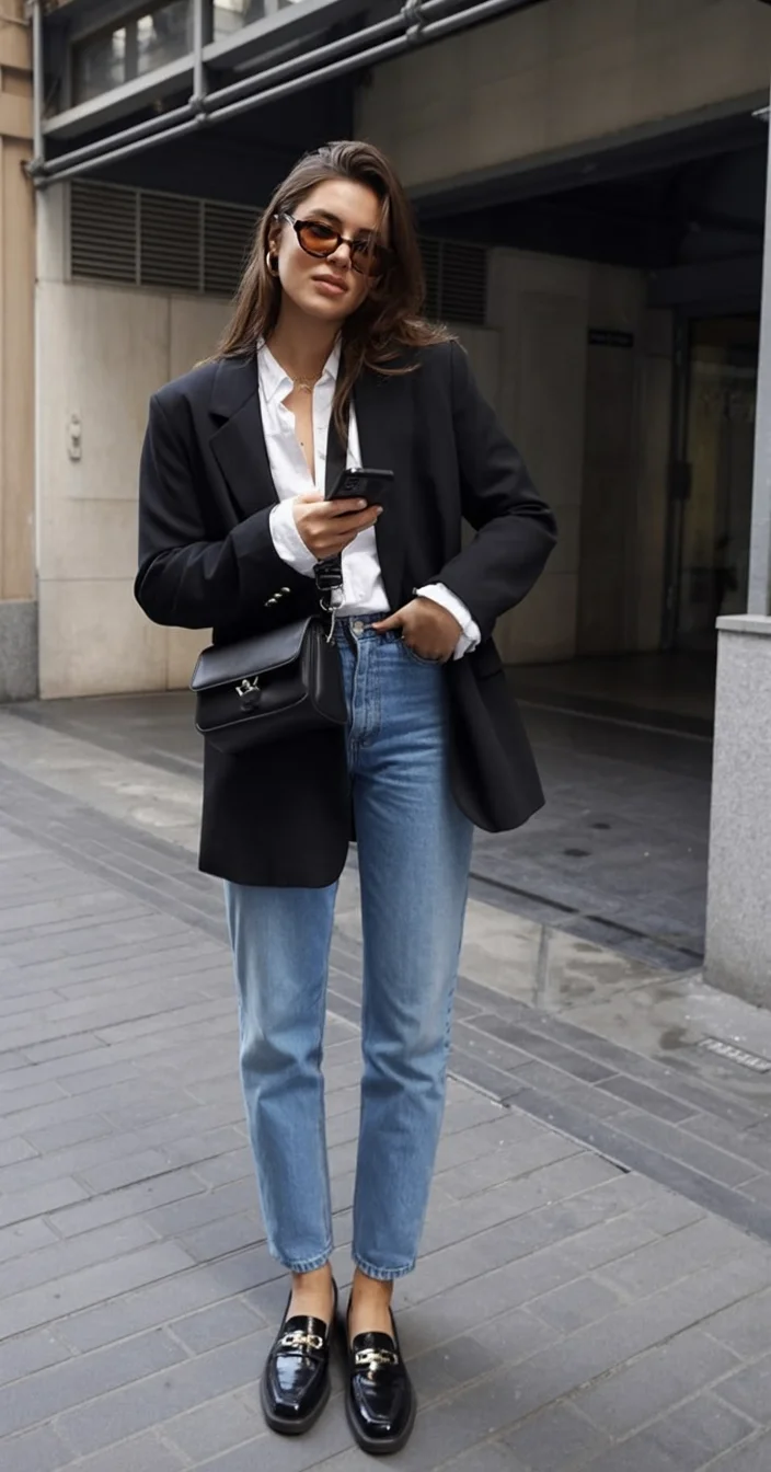 fall smart casual work outfits Classic blazer and denim that always works