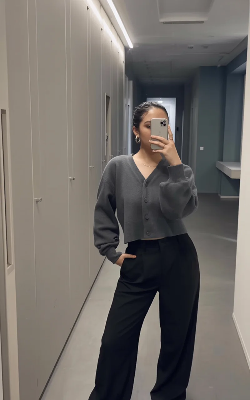 fall smart casual work outfits Modern cropped knitwear with clean office proportions