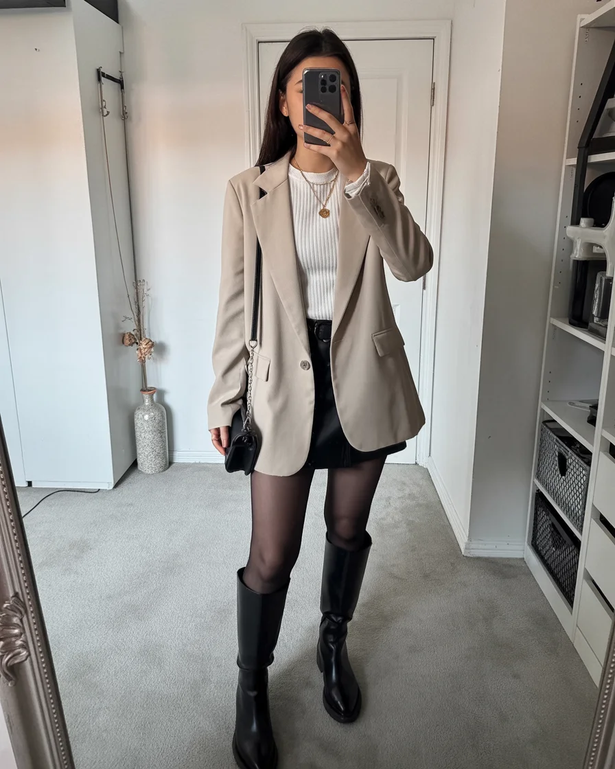 fall smart casual work outfits Beige tailoring and tall boots for a sharp desk to dinner mood