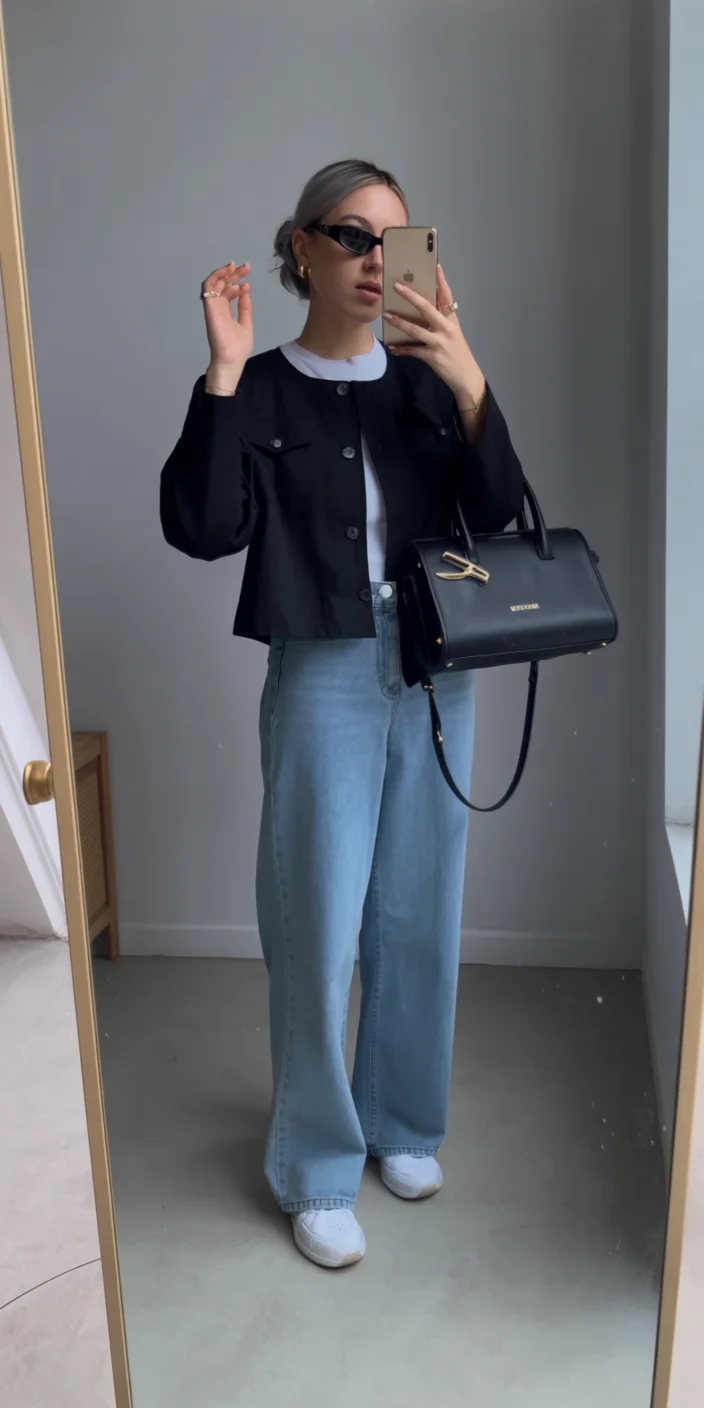 fall smart casual work outfits Modern Parisian balance with denim and structured tailoring