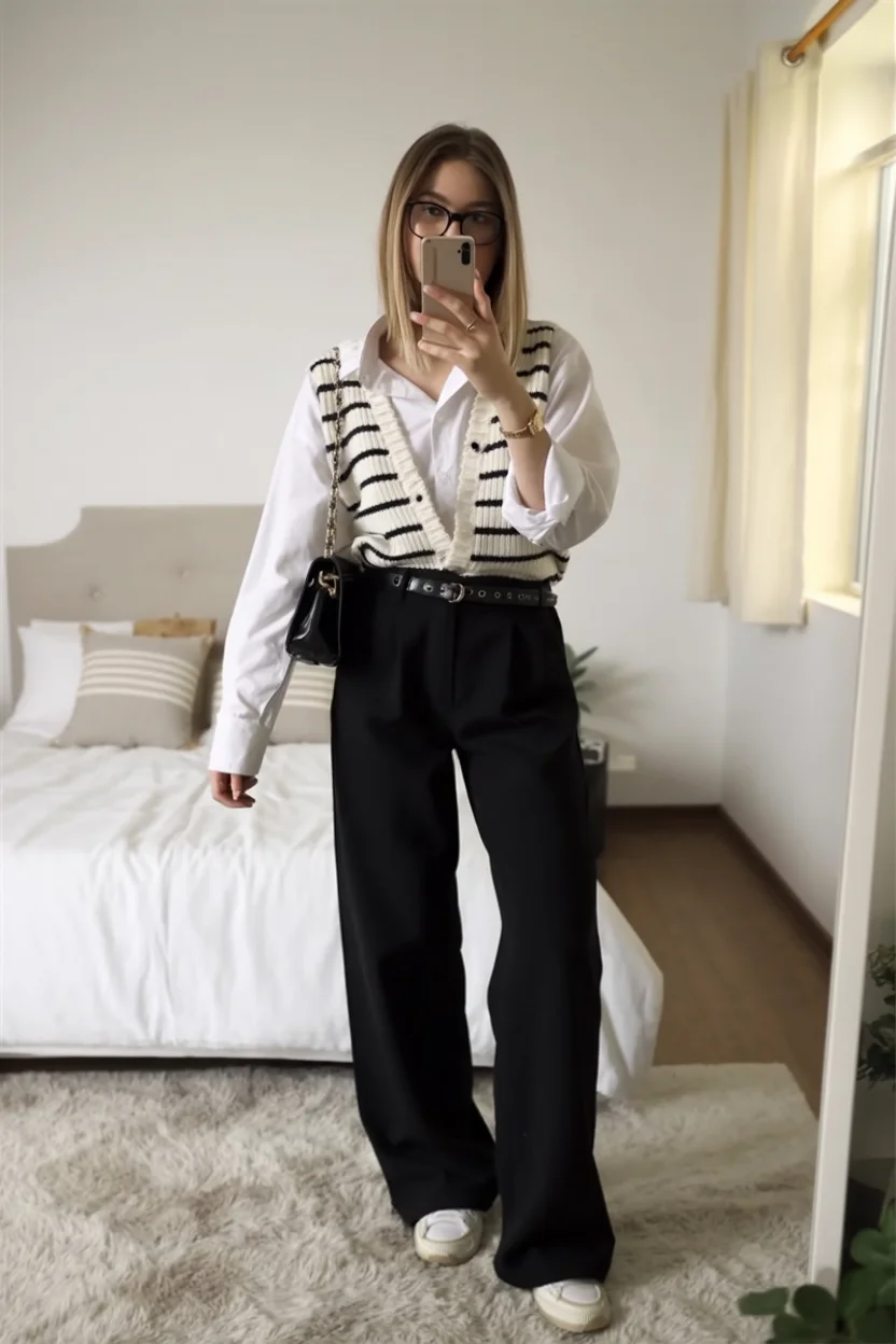 fall smart casual work outfits Preppy knit layering that never goes out of style
