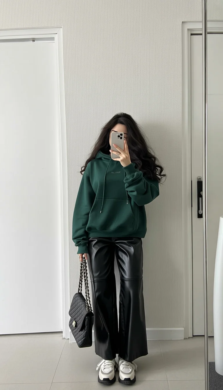 fall streatwear fashion 2026 Leather Pants Bring Depth to Relaxed Hoodies