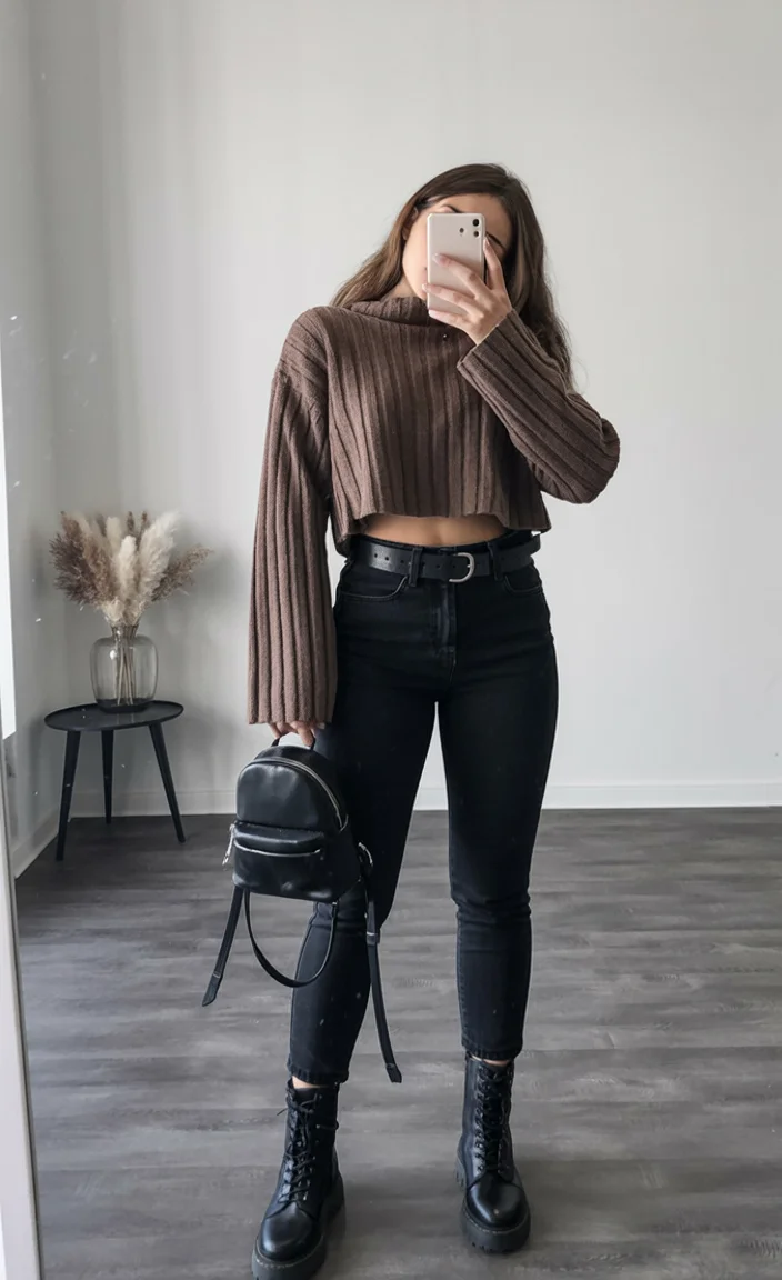 fall streatwear fashion 2026 Cropped Knitwear With Combat Boots for Modern Edge