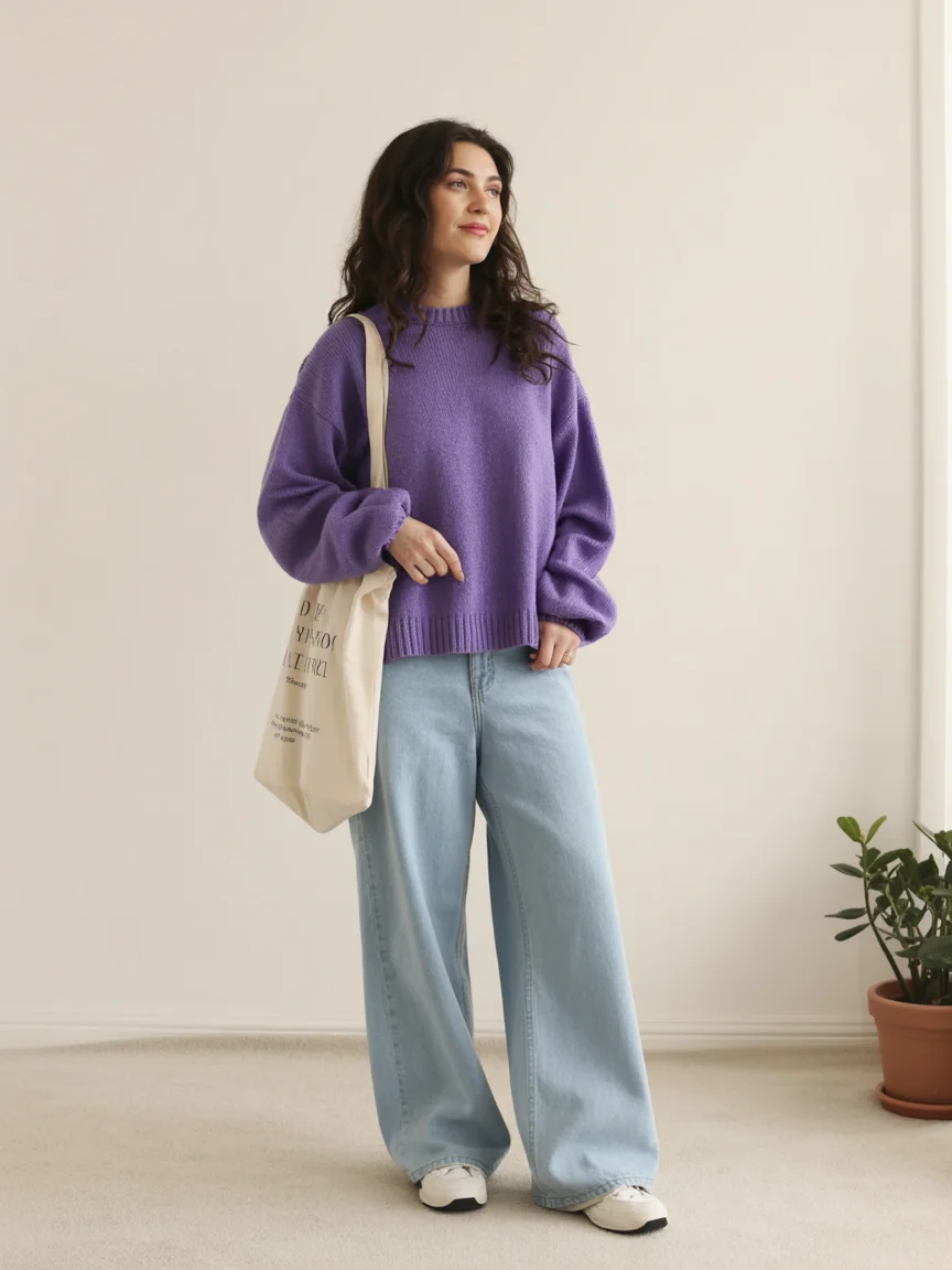 fall streatwear fashion 2026 Oversized Lavender Sweater With Relaxed Denim Energy