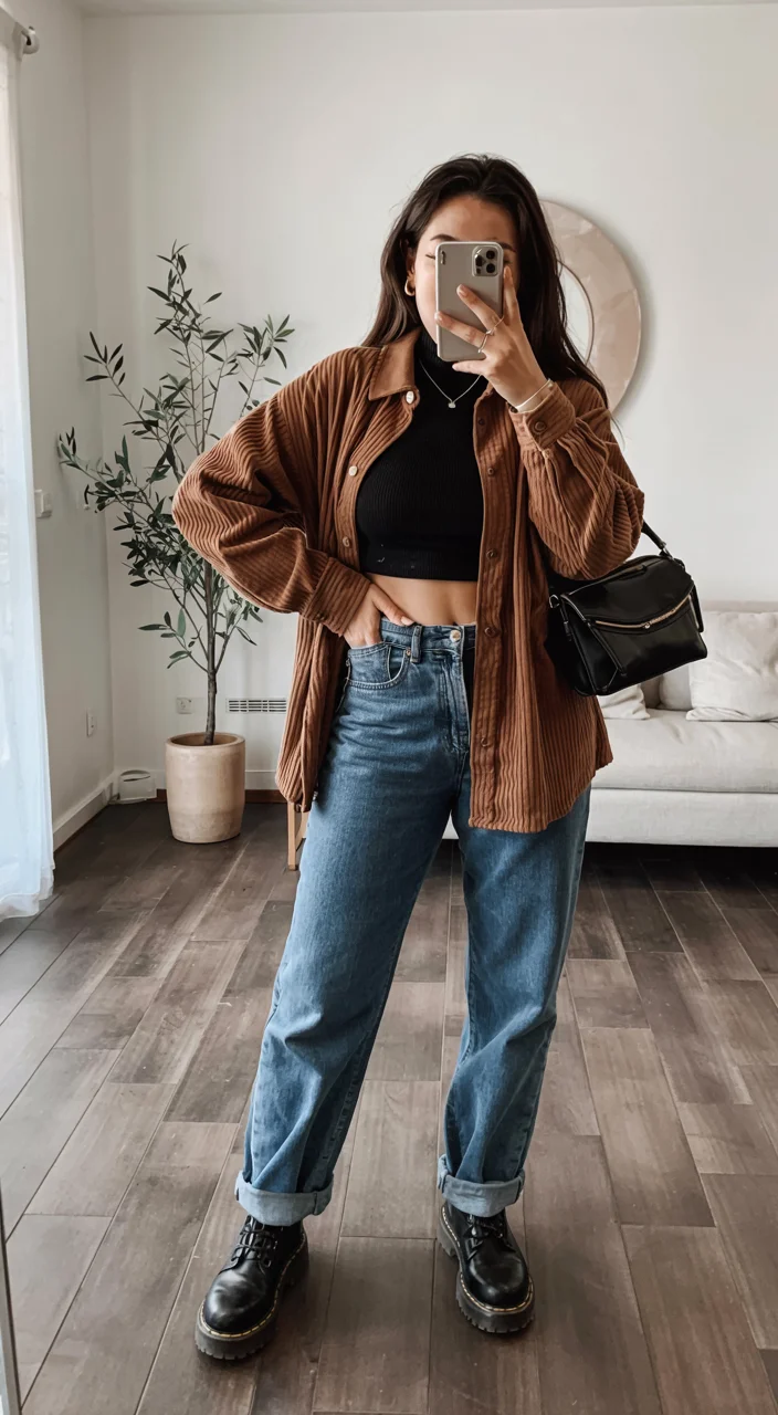 fall streetwear outfits NYC 2026 Corduroy Overshirt And Black Crop Top Contrast