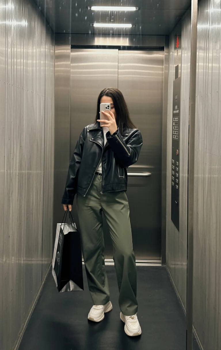 fall travel outfits with sneakers 2026 The Leather Jacket and Relaxed Trousers Formula
