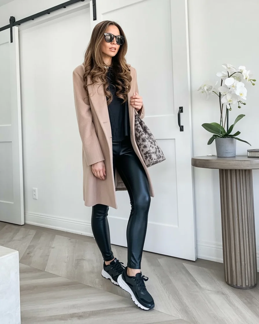 fall travel outfits with sneakers 2026 The Sleek Coat and Leather Leggings Combination