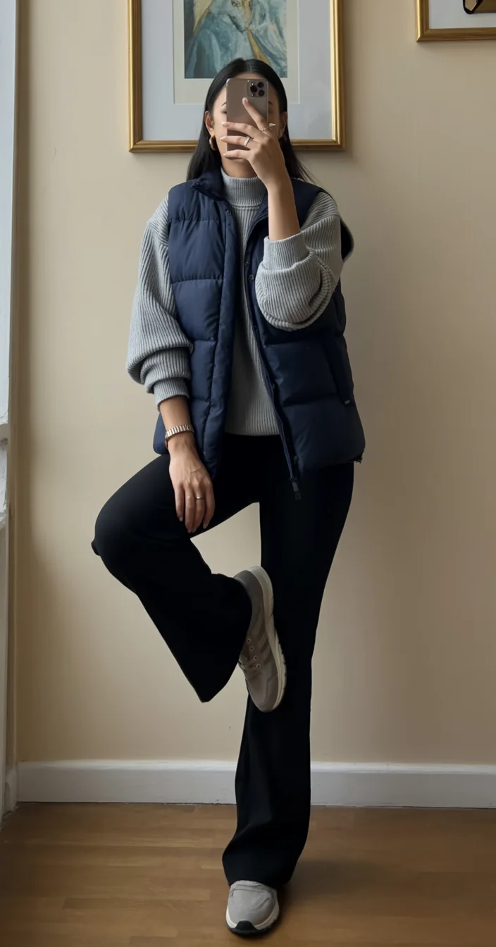 fall travel outfits with sneakers 2026 The Layered Knit and Puffer Vest Essential