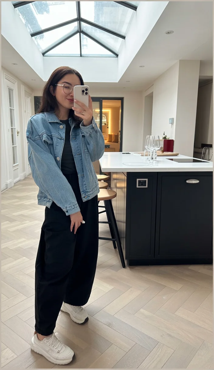 fall travel outfits with sneakers 2026 The Denim Jacket Travel Classic