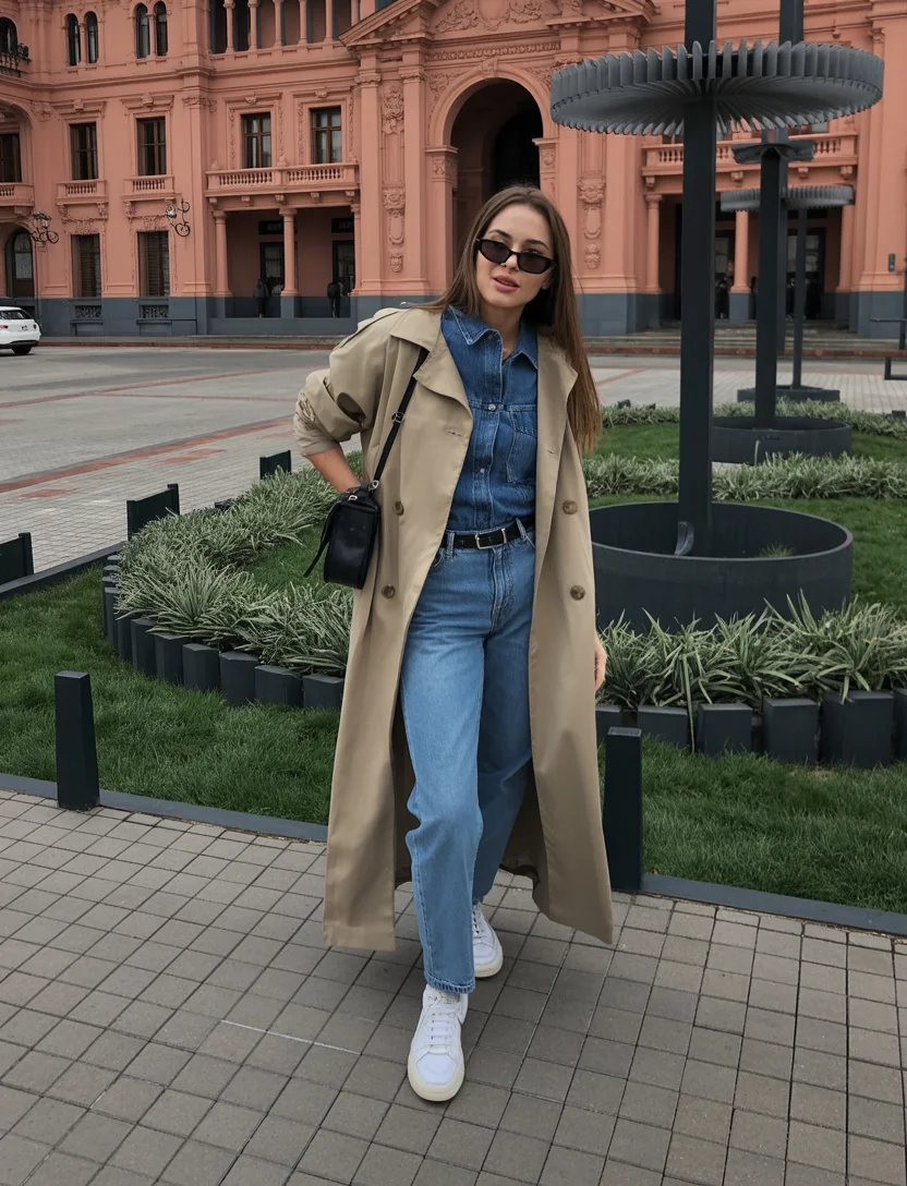 fall travel outfits with sneakers 2026 The Trench Coat That Elevates Denim