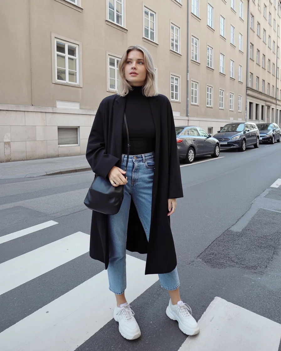 fall travel outfits with sneakers 2026 The Black Coat and Cropped Denim Travel Formula