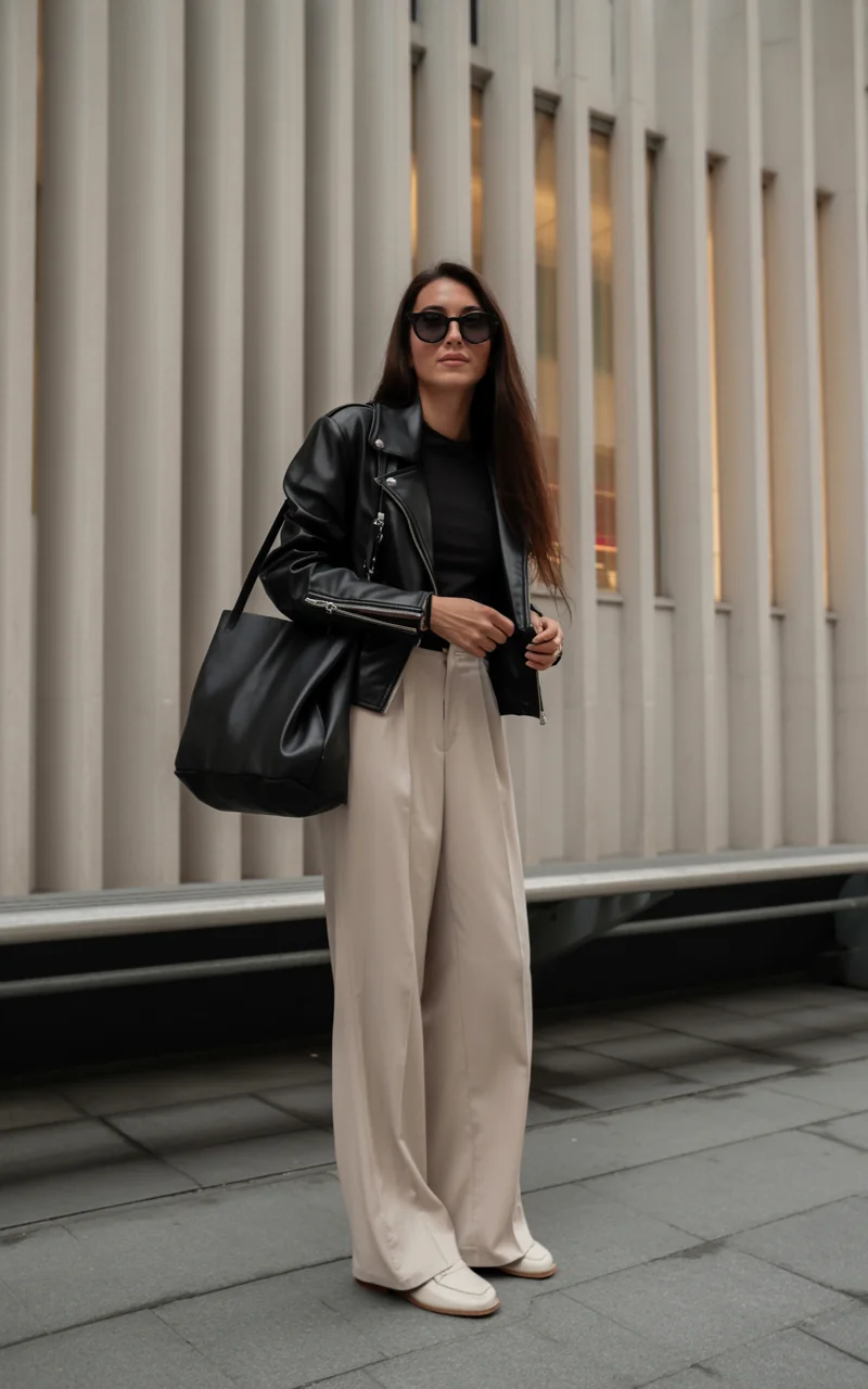 fall travel outfits with sneakers 2026 The Leather Jacket and Wide Leg Trousers Balance