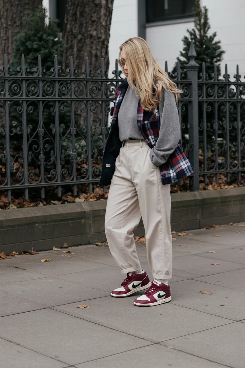 fall travel outfits with sneakers 2026 The Cozy Plaid Layering Look