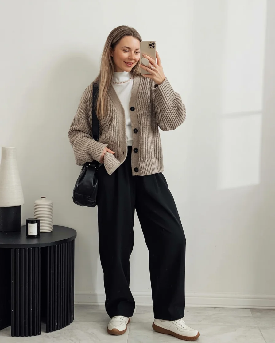 fall travel outfits with sneakers 2026 The Soft Cardigan Combination for Slow Travel Days