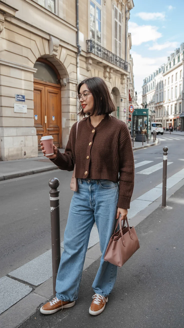 fall travel wardrobe for women 2026 Weekend Layers with a Brown Cardigan and Straight Denim