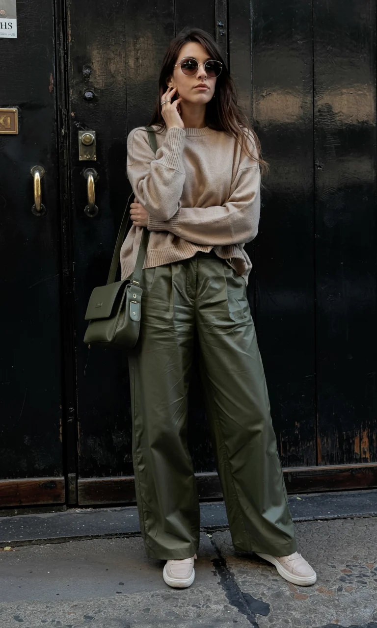 fall travel wardrobe for women Earth Tone Elegance with Modern Utility Trousers