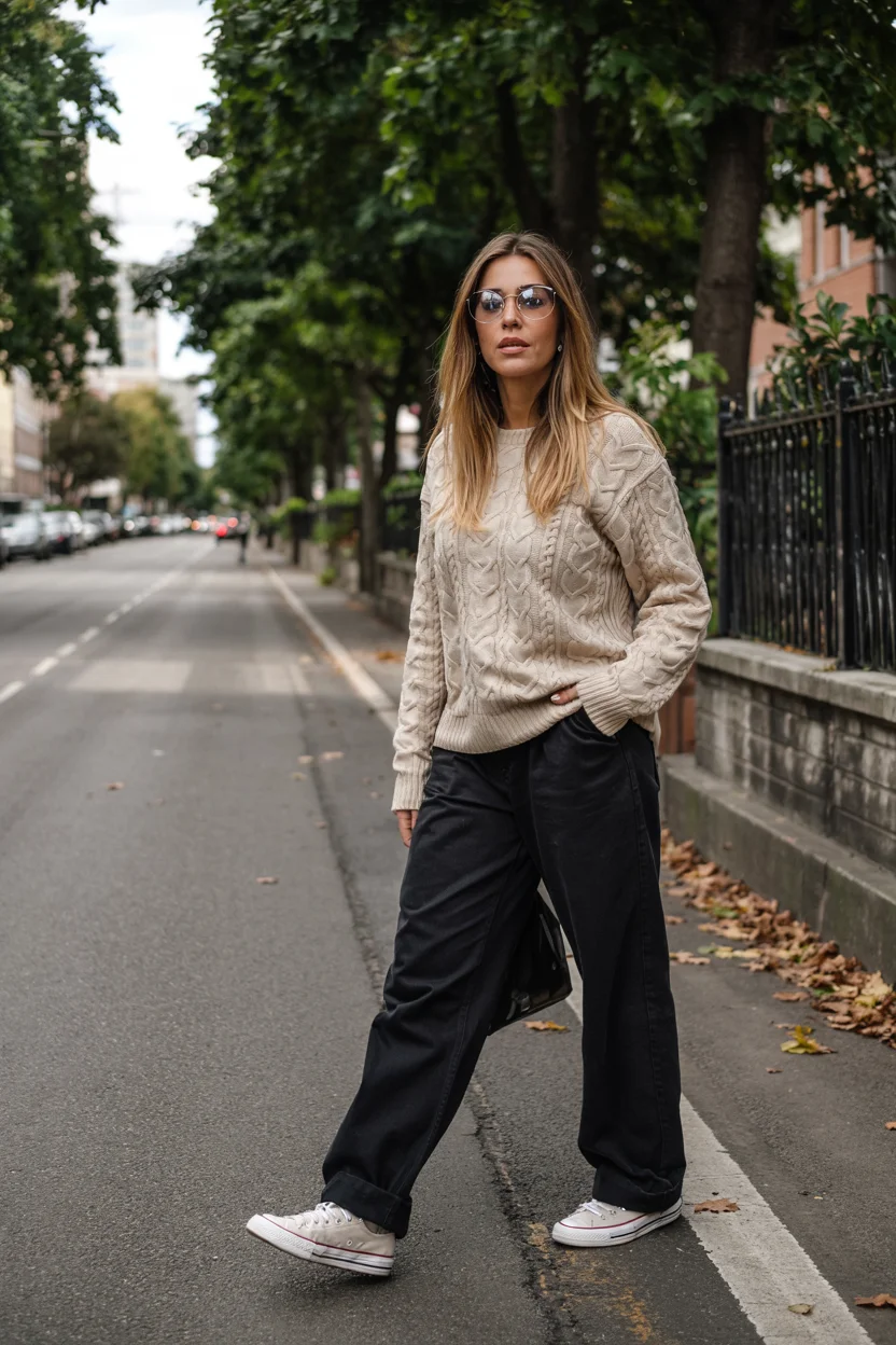 fall travel wardrobe for women Cable Knit Comfort for Crisp Autumn Walks