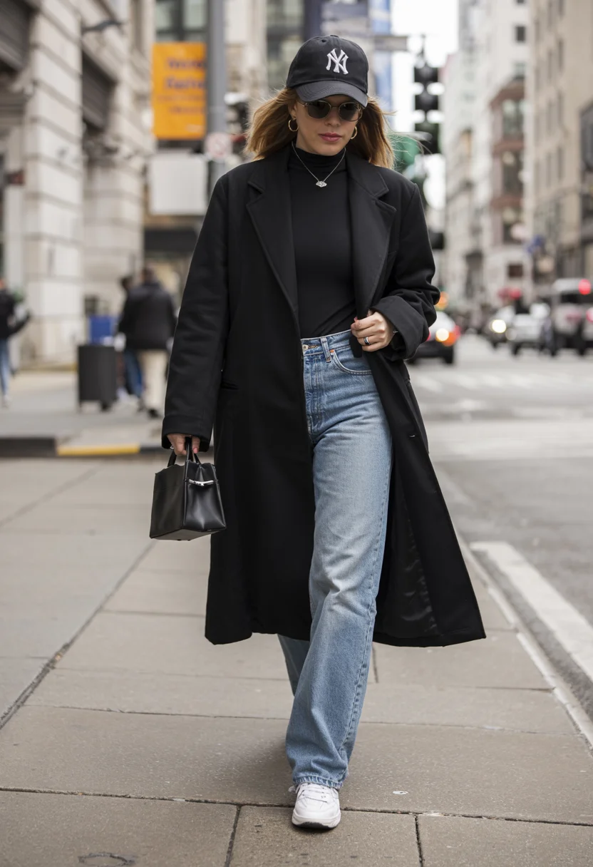 fall travel wardrobe for women City Minimalism with a Long Black Coat