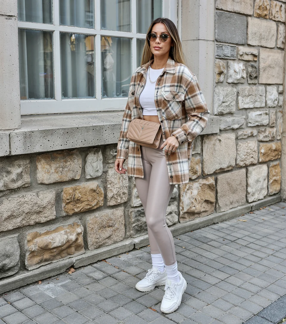 fall travel wardrobe for women Relaxed Plaid Layers for Active Travel Days