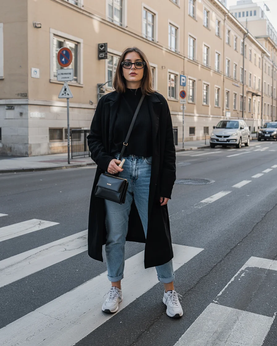 fall travel wardrobe for women Black and Denim for Everyday City Exploring