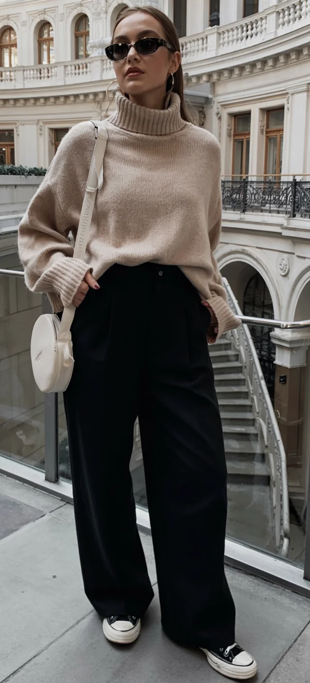 fall travel wardrobe for women 2026 Quiet Luxury with a Turtleneck and Wide Leg Trousers
