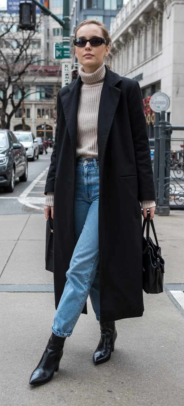 fall travel wardrobe for women Classic City Layers with a Long Black Coat