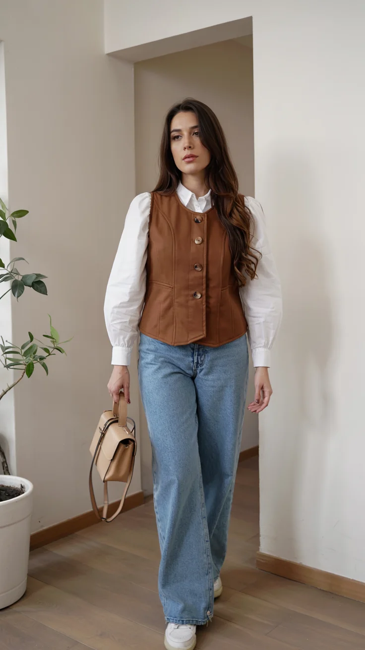 fall vest outfits for women 2026 Brown Leather Vest and Easy Weekend Denim