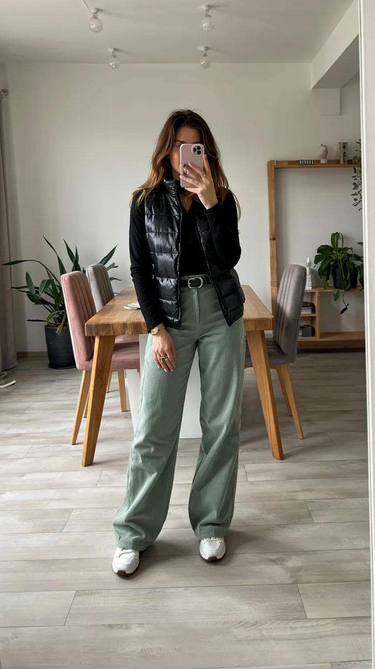 fall vest outfits for women 2026 Black Quilted Vest with Olive Green Trousers