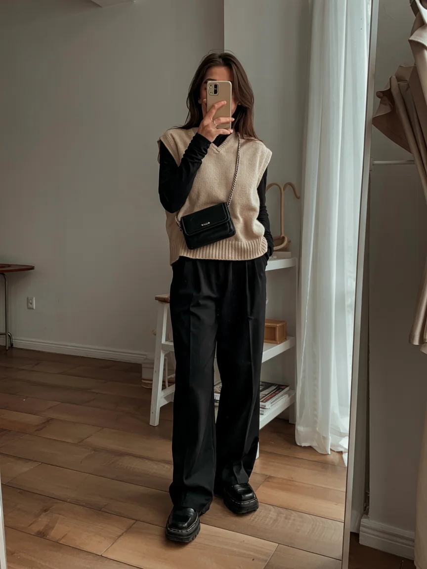 fall vest outfits for women 2026 Beige Knit Vest with Relaxed Tailoring