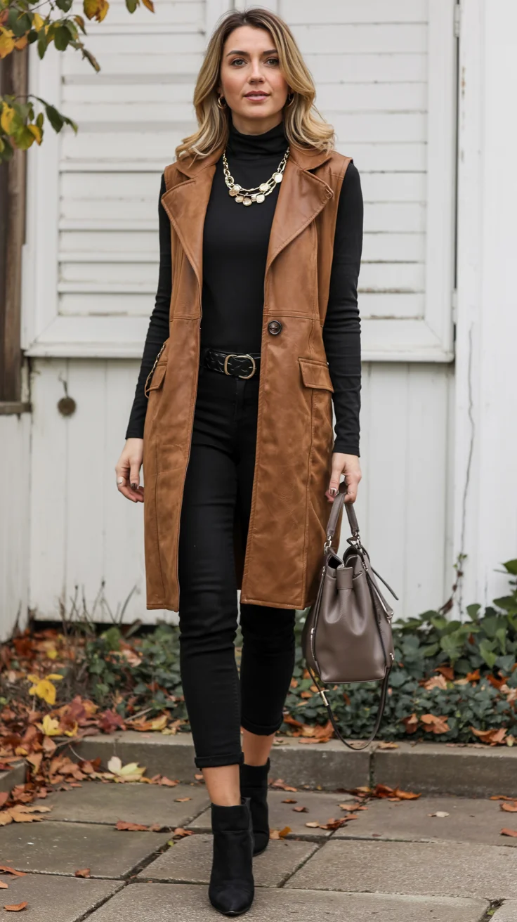 fall vest outfits for women 2026 Long Brown Vest with Sophisticated Monochrome Layers