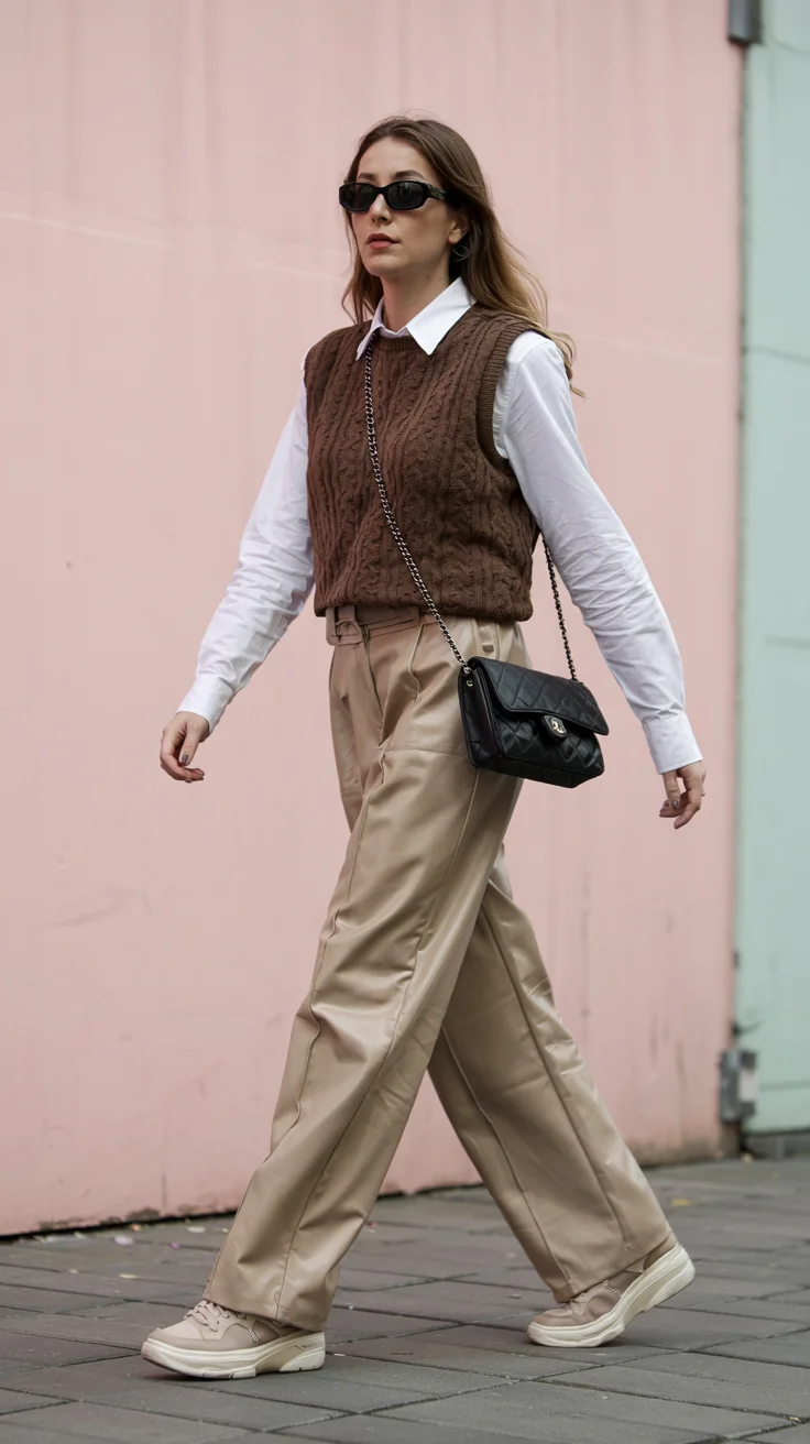 fall vest outfits for women 2026 Chocolate Knit Vest with Modern Business Casual Appeal