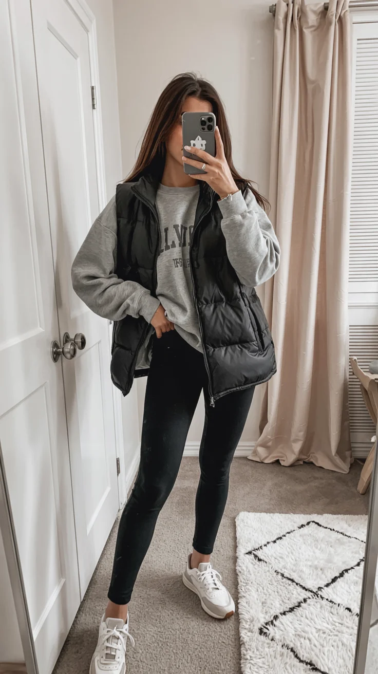 fall vest outfits for women 2026 Black Puffer Vest and Weekend Comfort Dressing