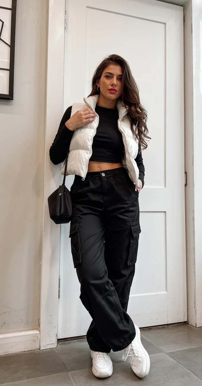 fall vest outfits for women 2026 White Puffer Vest with Contemporary Utility Style