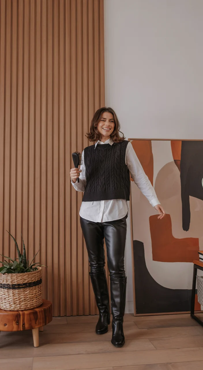fall vest outfits for women 2026 Black Knit Vest with Sleek City Lines