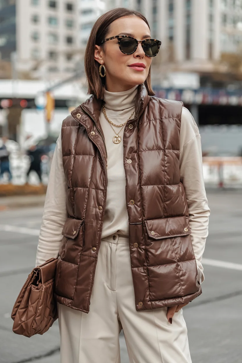 fall vest outfits for women 2026 Chocolate Quilted Vest with Elevated Neutral Dressing