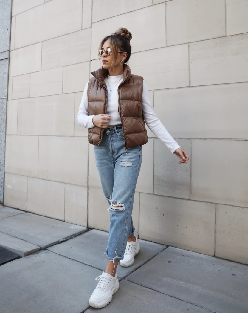 fall vest outfits for women 2026 Brown Puffer Vest and Relaxed Denim Energy