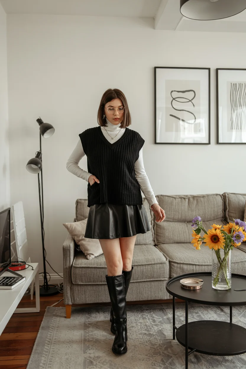 fall vest outfits for women 2026 Black Sweater Vest and Mini Skirt Refinement