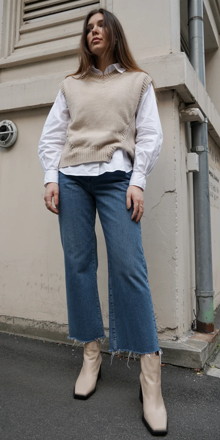 fall vest outfits for women 2026 Beige Knit Vest and Fresh Denim Balance