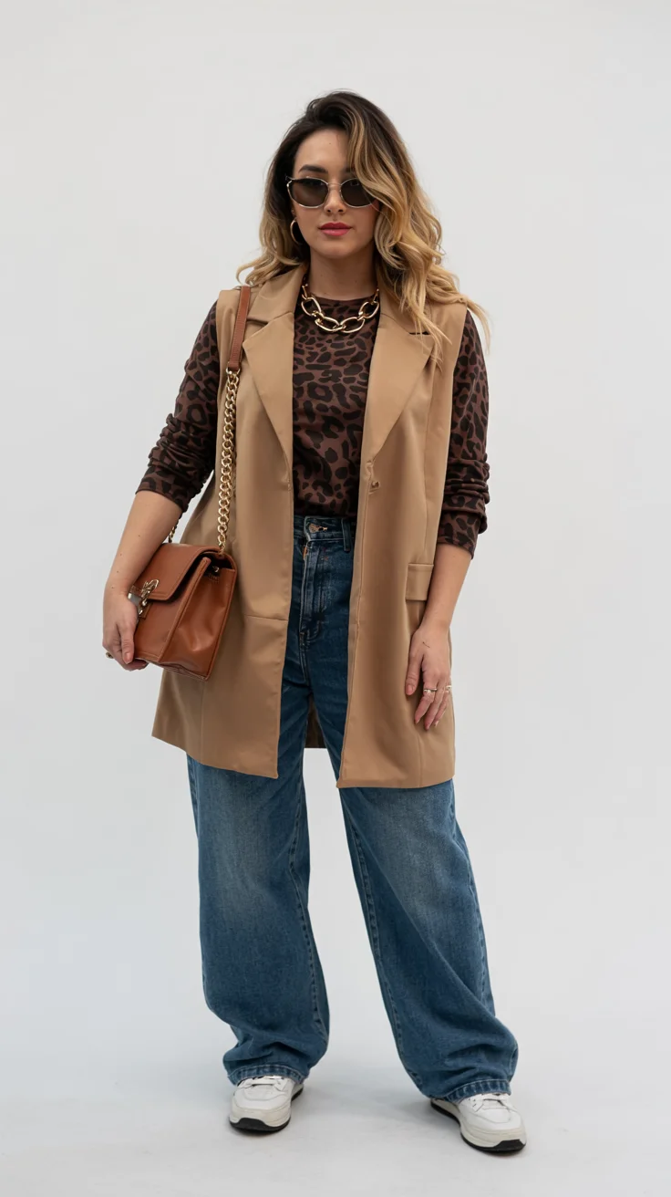 fall vest outfits for women 2026 Long Tan Vest with Relaxed Blue Denim